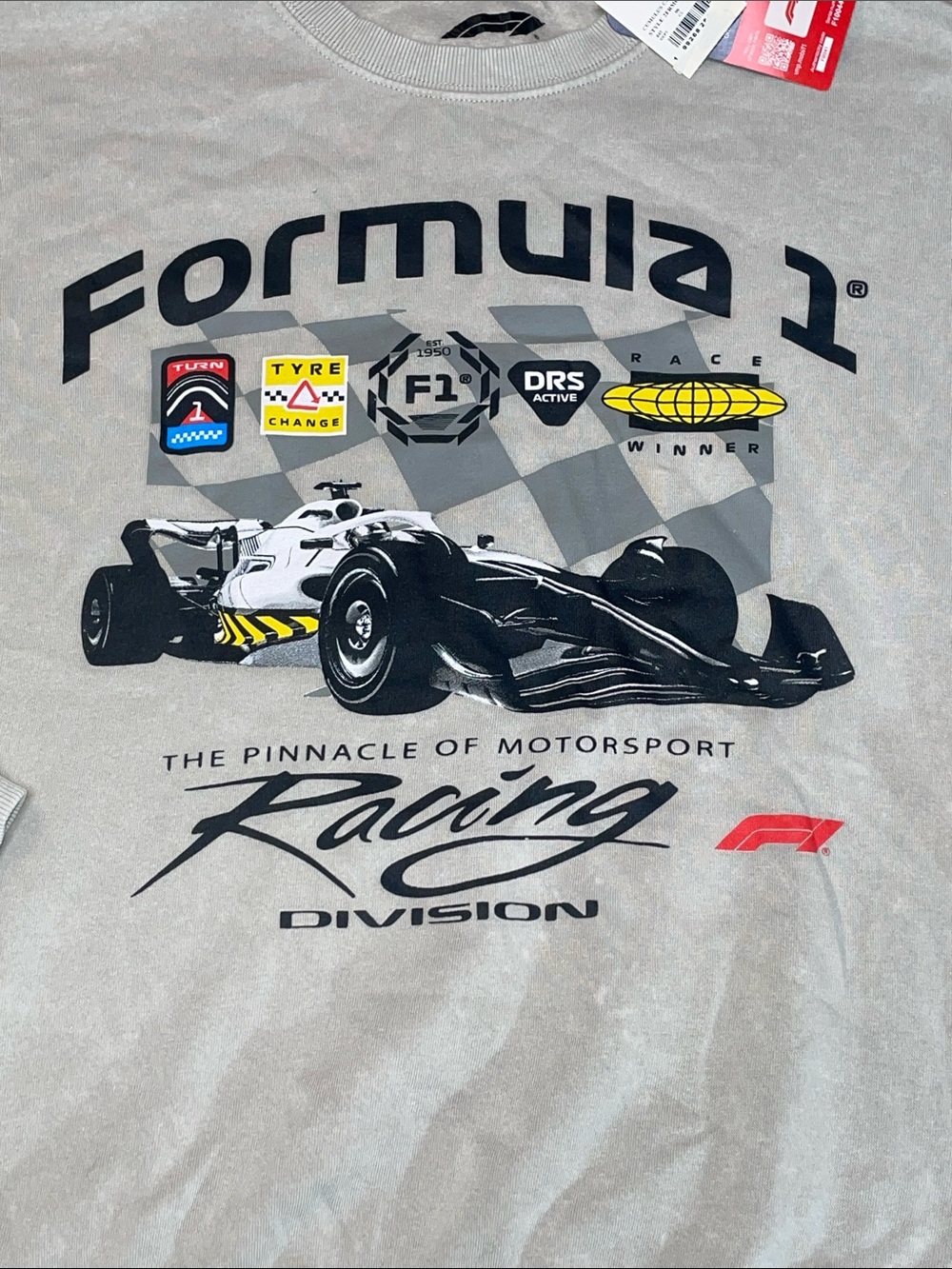 Formula 1 Grey Racing Graphic Distressed Oversized Crewneck Sweatshirt S NWT - Picture 2 of 5